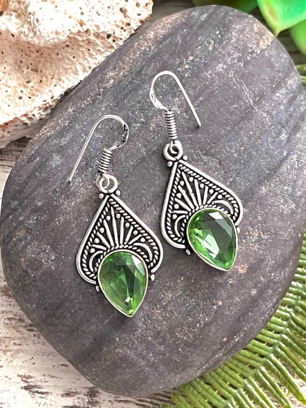 Teardrop Green Peridot Sterling Silver 1.8” Dangle Earrings